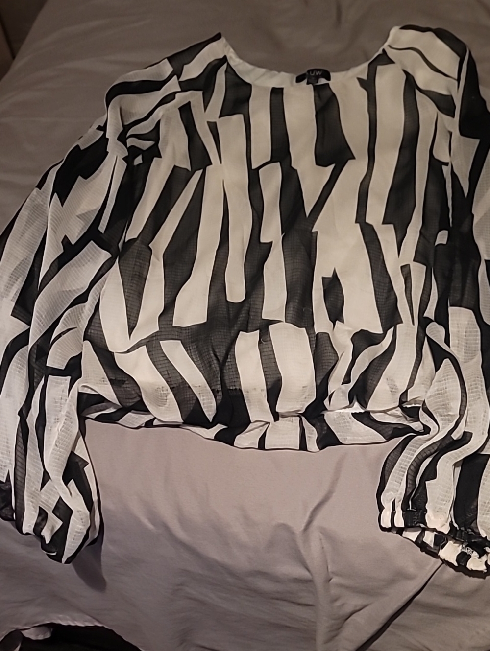 AUW Black and White Abstract Striped Sheer Blouse